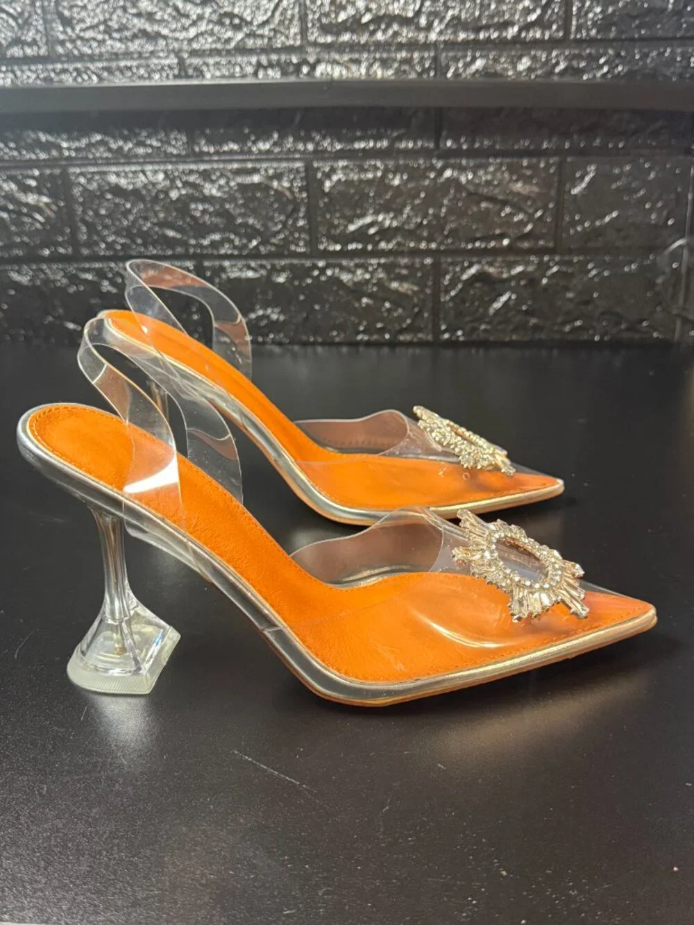 AMINUGAL Crystal Clear PVC Slingback Heels Rhinestone